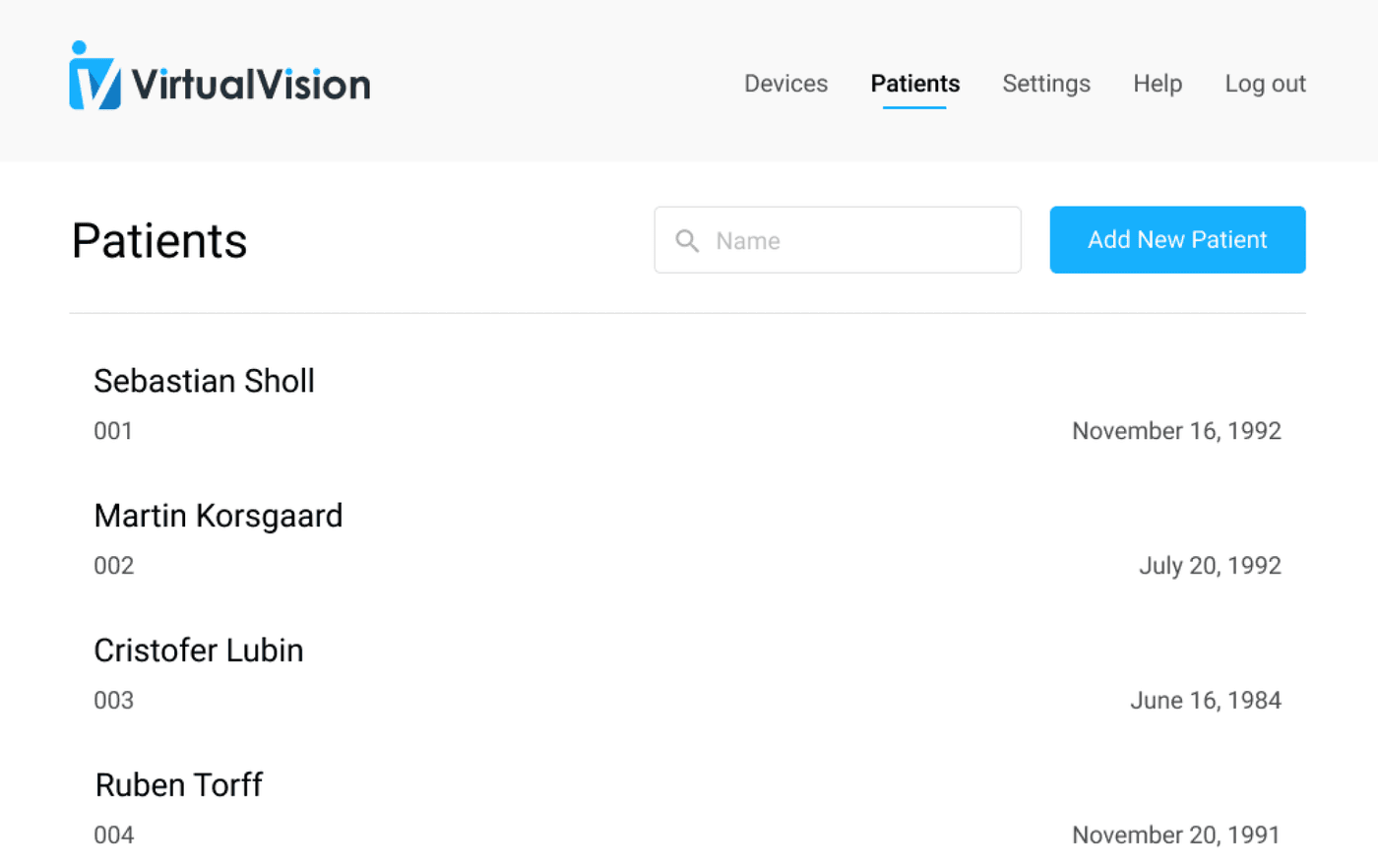 Virtual Vision: patients list